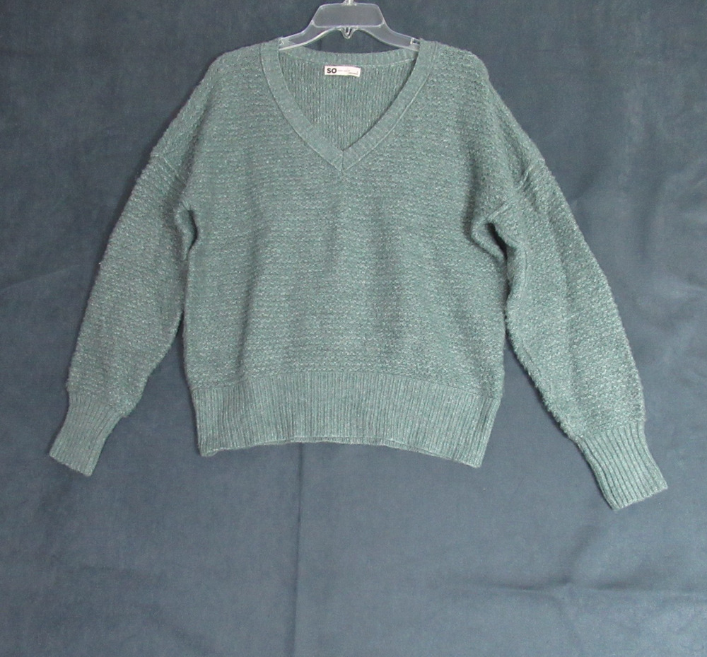 So Sweater Womens Large Green Knit V Neck Pullover Casual Cozy Long Sleeve